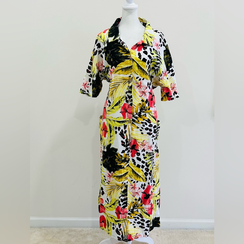 Next Dress  Floral Yellow Linen/ Cotton Full Button With Two Pockets Size 14‎